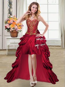 Graceful Wine Red Ball Gowns Taffeta Sweetheart Sleeveless Beading and Appliques and Pick Ups High Low Lace Up Homecomin