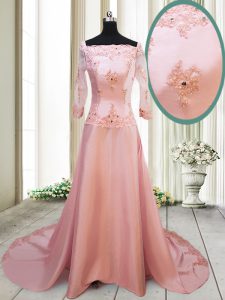 Peach A-line Satin Square Long Sleeves Beading and Appliques With Train Zipper Prom Dresses Brush Train