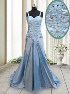 Light Blue Prom Party Dress Prom and Party and For with Beading Straps Sleeveless Sweep Train Criss Cross