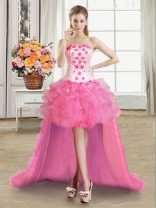 Customized Organza Sleeveless High Low Prom Dresses and Beading and Appliques and Ruffles