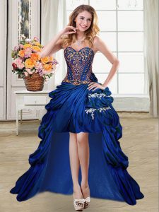 Popular Sleeveless Taffeta High Low Lace Up in Royal Blue with Beading and Appliques and Pick Ups