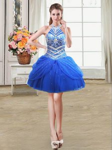Halter Top Tulle Sleeveless Mini Length Homecoming Dress and Beading and Pick Ups