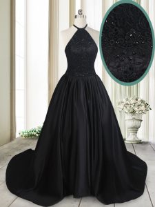 Amazing Black A-line Satin Halter Top Sleeveless Beading and Lace Lace Up Prom Gown Brush Train