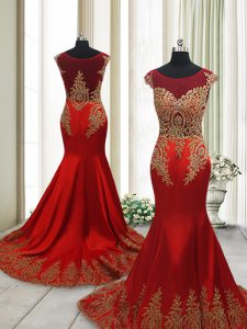 Mermaid Scoop Cap Sleeves With Train Side Zipper Prom Gown Wine Red for Prom and Party with Appliques Sweep Train