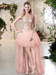 Scoop High Low Peach Prom Gown Tulle Sleeveless Beading