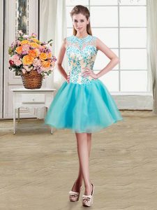 Pretty See Through Mini Length Aqua Blue Prom Gown Scoop Sleeveless Zipper