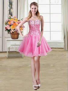 Shining Rose Pink Organza Lace Up Sweetheart Sleeveless Mini Length Prom Party Dress Sequins