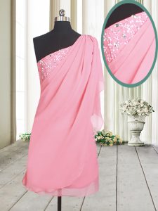 On Sale One Shoulder Sleeveless Prom Gown Beading Rose Pink Chiffon