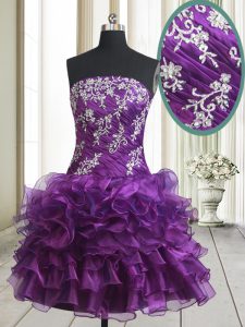 Customized Organza Strapless Sleeveless Lace Up Beading and Ruffled Layers Prom Party Dress in Purple