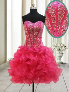 Hot Pink Prom Gown Prom and Party and For with Beading Sweetheart Sleeveless Lace Up