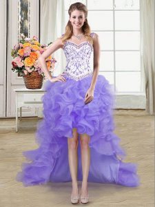 Low Price Lavender Organza Lace Up Straps Sleeveless High Low Evening Dress Beading and Ruffles