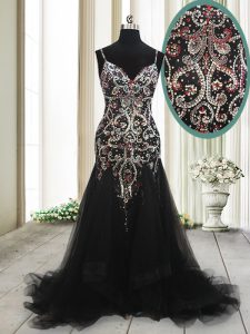Black Mermaid Spaghetti Straps Sleeveless Tulle With Brush Train Zipper Beading and Appliques Prom Dress
