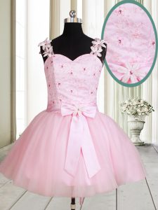 Free and Easy Straps Baby Pink Sleeveless Mini Length Beading and Embroidery Lace Up Dress for Prom
