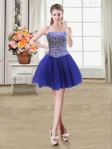 Strapless Sleeveless Dress for Prom Mini Length Beading Royal Blue Tulle