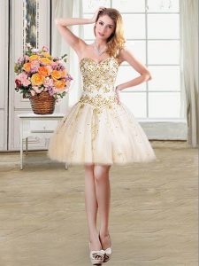 Extravagant Sleeveless Mini Length Beading Lace Up Prom Gown with Champagne