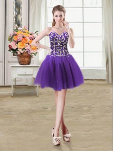 Best Beading and Sequins Prom Dresses Purple Lace Up Sleeveless Mini Length
