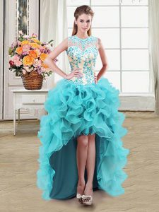 Scoop See Through High Low Ball Gowns Sleeveless Aqua Blue Prom Party Dress Zipper