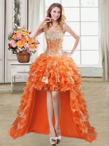 High Quality Orange Ball Gowns Sweetheart Sleeveless Organza High Low Lace Up Beading and Ruffles and Sequins Homecoming