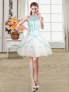 See Through White Halter Top Lace Up Beading and Ruffles Prom Gown Sleeveless