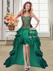 Superior Dark Green Taffeta Lace Up Prom Party Dress Sleeveless High Low Beading and Appliques and Pick Ups