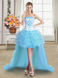 Ideal Light Blue Strapless Neckline Beading and Appliques and Ruffles Prom Party Dress Sleeveless Lace Up