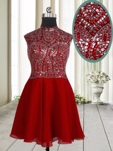 Scoop Sleeveless Prom Dress Mini Length Beading and Sequins Red Chiffon