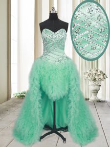Apple Green A-line Tulle Sweetheart Sleeveless Beading and Ruffles With Train Lace Up Prom Gown Brush Train