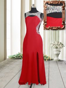 Inexpensive Scoop Red Column/Sheath Beading Dress for Prom Backless Elastic Woven Satin Sleeveless