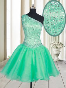 High Class One Shoulder Turquoise Organza Lace Up Evening Dress Sleeveless Mini Length Beading