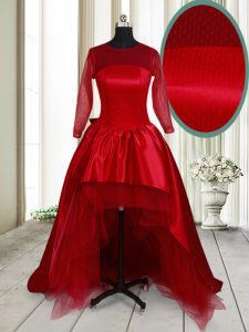 Enchanting Wine Red A-line Scoop Long Sleeves Taffeta and Tulle High Low Clasp Handle Bowknot Dress for Prom