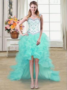 Elegant Straps Aqua Blue Ball Gowns Beading and Ruffles Prom Gown Lace Up Organza Sleeveless High Low