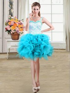 Super Baby Blue Straps Lace Up Beading and Lace and Ruffles Sleeveless