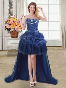 Navy Blue Ball Gowns Beading and Appliques and Pick Ups Prom Evening Gown Lace Up Organza Sleeveless High Low