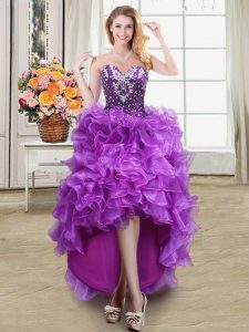 Popular High Low Eggplant Purple Evening Dress Organza Sleeveless Beading and Ruffles