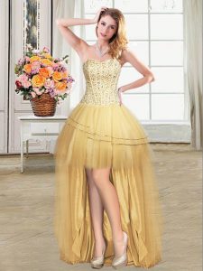 Gold Lace Up Sweetheart Beading and Sequins Dress for Prom Tulle Sleeveless