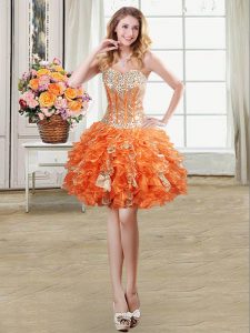 Orange Lace Up Prom Evening Gown Beading and Ruffles and Sequins Sleeveless Mini Length