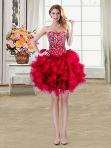 Glamorous Sleeveless Organza Mini Length Lace Up Prom Gown in Red with Beading and Ruffles