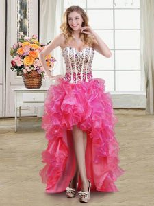 New Style Hot Pink Ball Gowns Beading and Ruffles Prom Party Dress Lace Up Organza Sleeveless High Low