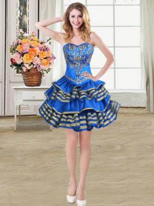 New Style Blue Taffeta Lace Up Sweetheart Sleeveless Mini Length Evening Dress Beading and Embroidery and Ruffled Layers
