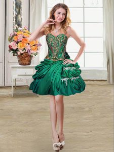 Sleeveless Taffeta Mini Length Lace Up Evening Dress in Dark Green with Beading and Appliques and Pick Ups
