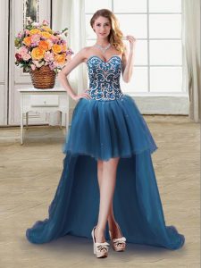 Fashion Teal Ball Gowns Beading and Sequins Prom Evening Gown Lace Up Tulle Sleeveless High Low