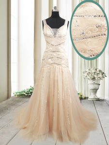 Straps With Train Mermaid Sleeveless Champagne Prom Gown Sweep Train Lace Up