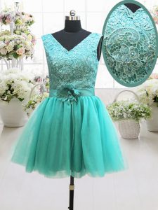 Classical A-line Turquoise V-neck Tulle Sleeveless Mini Length Lace Up