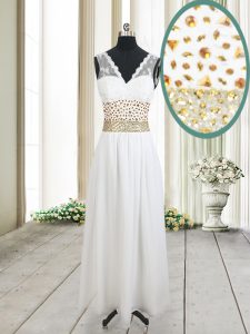 Classical White Column/Sheath Beading and Belt Prom Evening Gown Zipper Chiffon Sleeveless Ankle Length