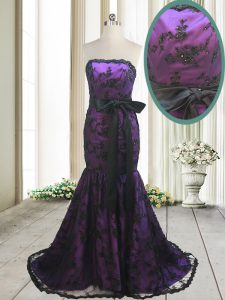 Mermaid Purple Satin and Lace Lace Up Strapless Sleeveless With Train Prom Dress Sweep Train Bowknot and Belt