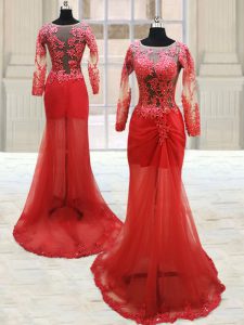 Stunning Red Scoop Side Zipper Appliques Prom Evening Gown Long Sleeves