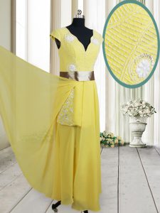 Chic Cap Sleeves Floor Length Beading and Belt Zipper with Yellow