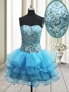Baby Blue A-line Sweetheart Sleeveless Organza Mini Length Zipper Sequins Prom Gown