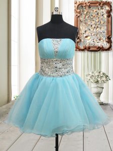 Deluxe Aqua Blue Prom Gown Prom and Party and For with Beading Strapless Sleeveless Zipper