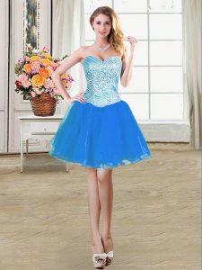 Blue A-line Beading Evening Dress Lace Up Organza Sleeveless Mini Length